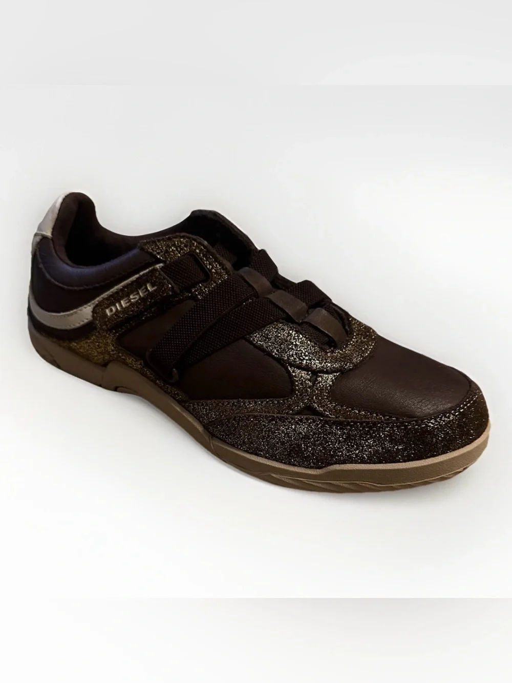 Diesel Motion Women’s Gold Sparkle Brown Leather Size 8 38.5 Shoes Sneakers